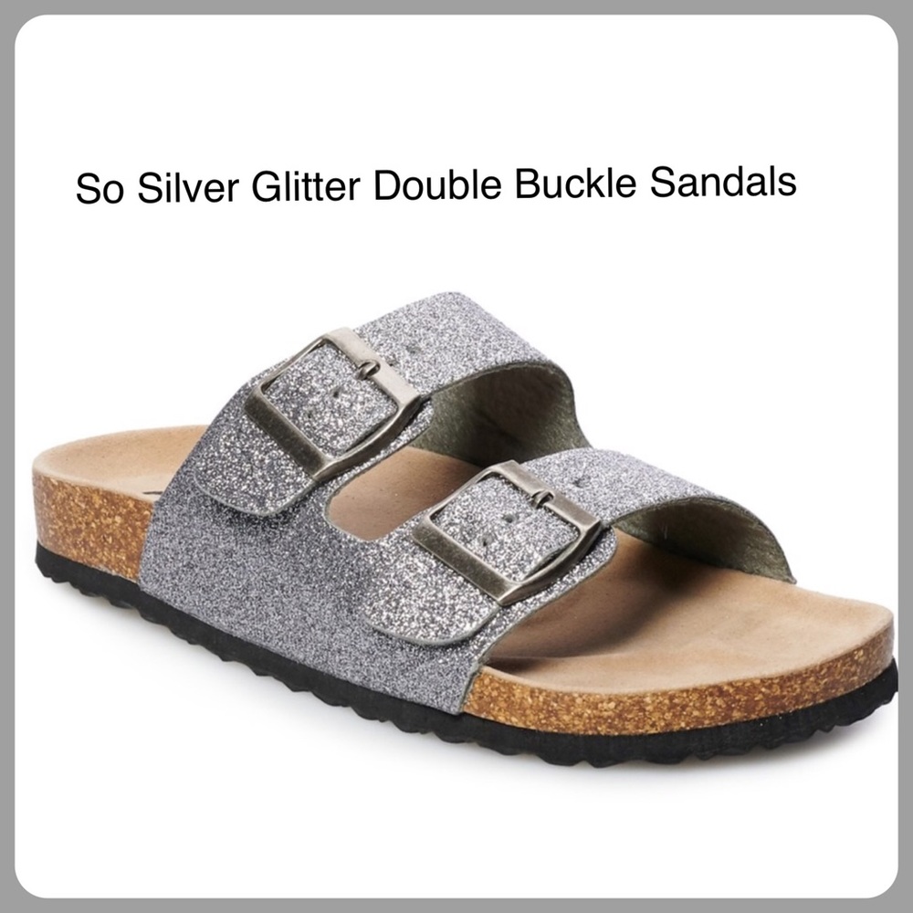 So Silver Glitter Sandals Double Buckle Strap Cork